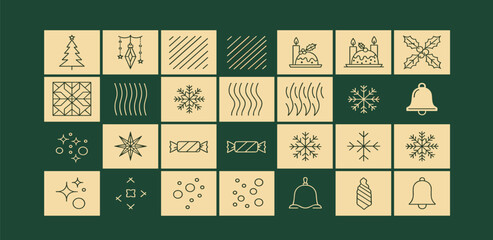 Collection of various decorative and festive icons including snowflakes, trees, stars, and bells on a dark green background