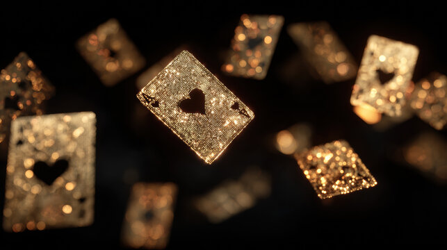 Golden Ace of Hearts playing cards sparkle and fall against a dark background. This luxurious scene evokes casino games, luck, and exciting opportunities.