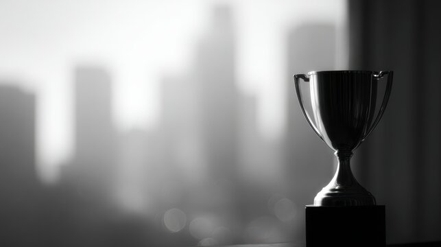 Black and white sports trophy with city skyline in background, professional success and award theme