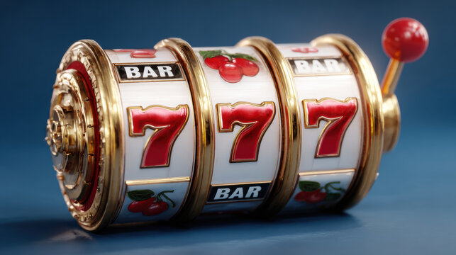 Close up of a classic three reel slot machine showing three lucky sevens for a jackpot win. Golden details, shiny red numbers, and casino gambling concept.