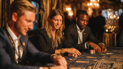 Elegant diverse people enjoying a thrilling poker game at a luxurious casino table. A woman smiles, stacking chips during sophisticated evening entertainment.