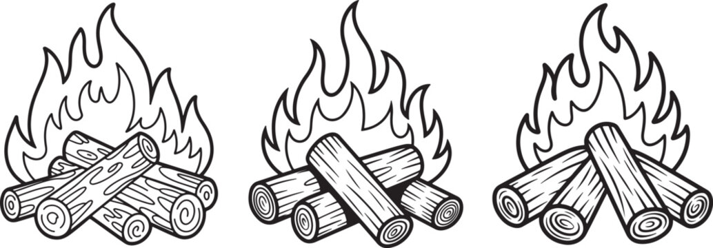 set of burning wood Line Art Drawing Vector Illustration for Coloring Book Page