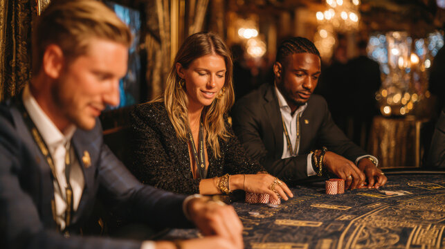 Elegant diverse people enjoying a thrilling poker game at a luxurious casino table. A woman smiles, stacking chips during sophisticated evening entertainment. - Powered by Adobe