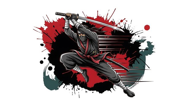 A dynamic illustration of a ninja in a striking pose, wielding a katana sword with intense focus, set against an abstract background of red and black splatters