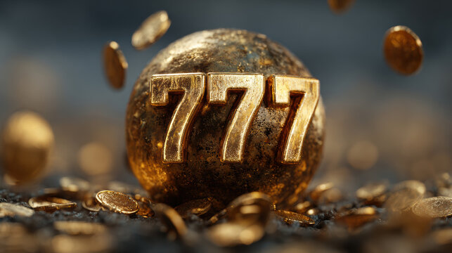 Golden 777 numbers on a textured sphere surrounded by falling golden coins. Symbolizes casino jackpot, luck, wealth, and success with a rich, luxurious glow.