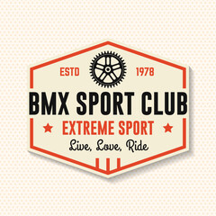 Fototapeta premium Bmx extreme sport club badge, patch, sticker. Vector. Concept for shirt, logo, print, stamp, tee with frames, chain. Vintage typography design with bmx frames, sprocket silhouette
