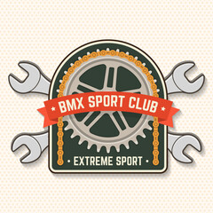 Fototapeta premium Bmx extreme sport club badge, patch, sticker. Vector illustration. Concept for shirt, logo, print, stamp, tee with sprocket, chain. Vintage typography design with wrench, bmx sprocket and chain