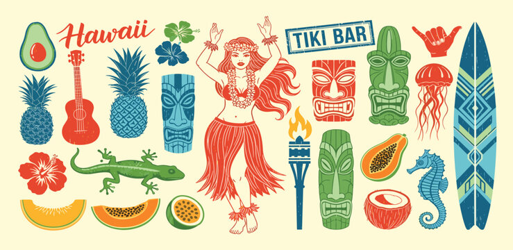 Tropical Hawaiian Tiki Bar Party Scene with Hula Dancer, Surfboard, and Exotic Fruits, Capturing Island Paradise Vibes