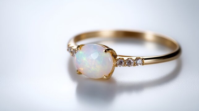 Beautiful opal ring with white gemstone, isolated studio shot on plain white background