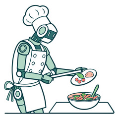 Robot chef preparing food in a kitchen with a chef hat and apron
