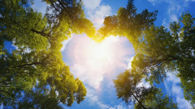 Looking up at green forest trees forming a heart shape opening in the sky, bright sunlight shining through