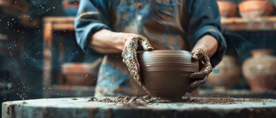 Close-up of a male potter shaping clay on a wheel in a cozy workshop. Creative process, handmade craft, master class, artistic atmosphere, authentic artisan work.