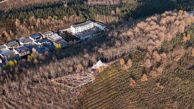 Aerial shot of Kumbum Monastery in Xining, Qinghai, a Tibetan Buddhist monastery