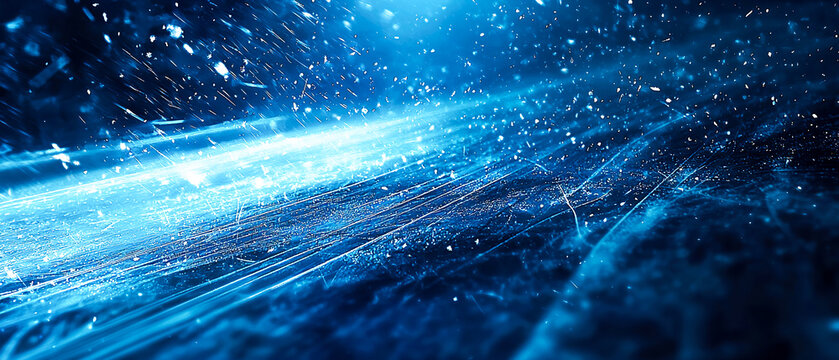 Abstract dynamic blue background with close-up of textured ice surface, snowflakes, and glittering frost particles. Banner for winter sport, cold, or design themes.