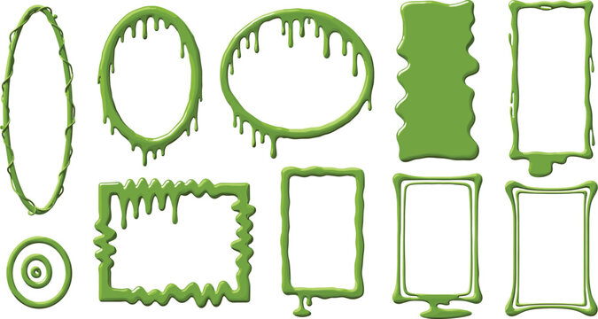 Vector set of green dripping slime frames, gooey borders, and oozy liquid shapes isolated on a white background for creative design