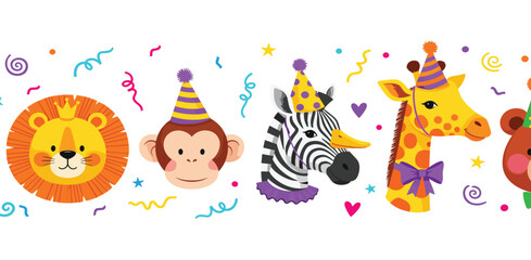 Obraz premium Festive seamless border pattern with cute cartoon safari animals in party hats for a kids birthday celebration