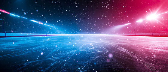  Wide shot of an empty ice rink under falling snow with gradient red and blue lights. Banners, winter sports ads, and show promotions.