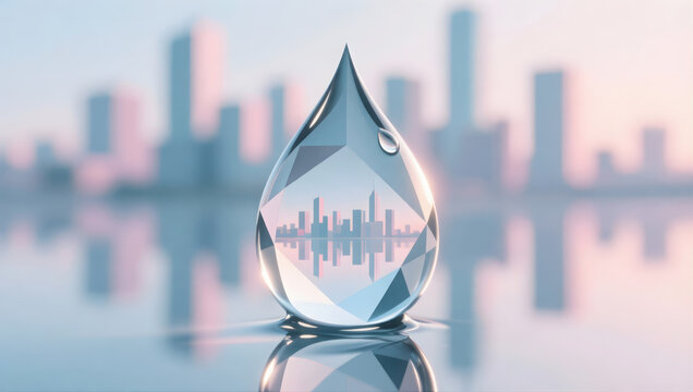 Crystal water droplet reflects city skyline, symbolizing integration of IoT technology in smart water management