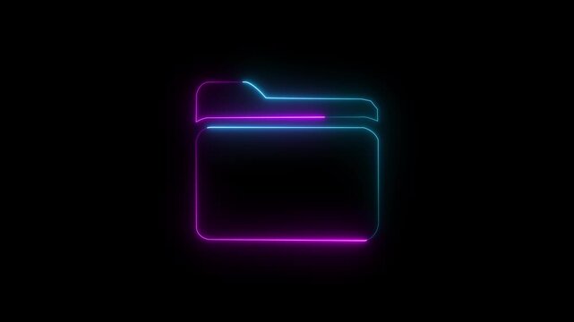 Glowing neon folder icon on black background with light effect symbol digital. digital data organization concept abstract technology symbol. Glowing neon folder icon 4k isolated on black background.