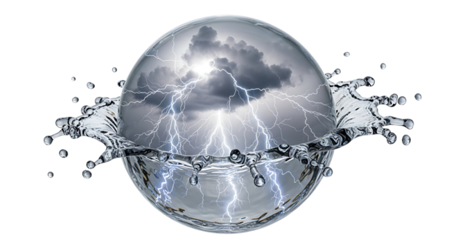 Water splash with lightning inside a sphere, storm concept