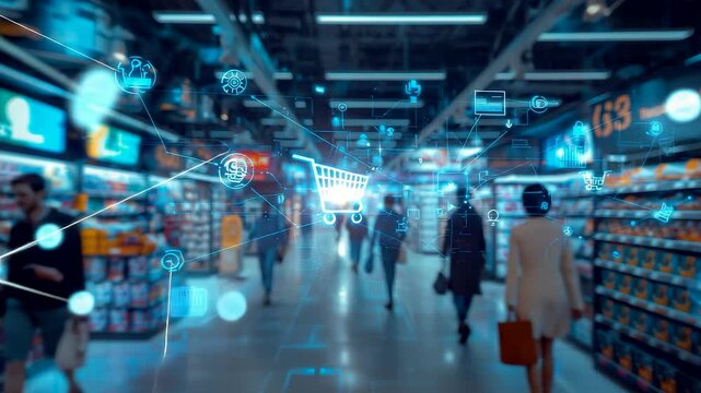 Smart retail shoppers walking through a modern grocery aisle enhanced with digital network elements and glowing technology interfaces
