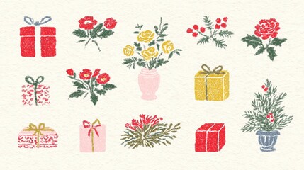 Christmas Gift and Flower Illustration Collection in Hand-drawn Crayon Style, Including Presents, Floral Bouquets, Holly, and Mini Christmas Tree, Suitable for Holiday Decoration, Wallpaper, Poster