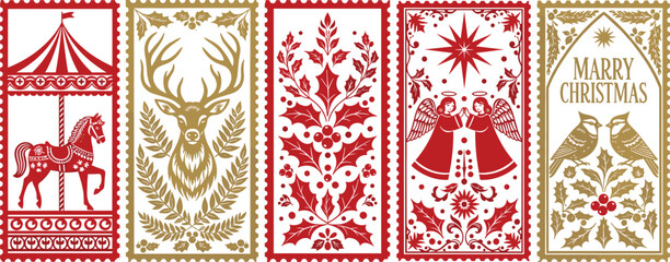 A set of five festive Christmas postage stamps, exquisitely designed in a vintage style with intricate red and gold illustrations, evoking holiday spirit