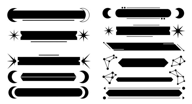 A mystical collection of black title bars and banners. Decorated with celestial symbols like the moon, stars, and constellations for a magical fantasy theme.