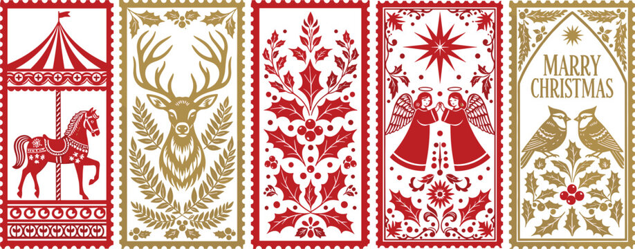 A set of five festive Christmas postage stamps, exquisitely designed in a vintage style with intricate red and gold illustrations, evoking holiday spirit
