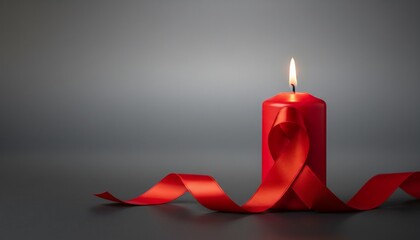 Symbolic red awareness ribbon wrapped around a glowing memorial candle, representing hope, solidarity, and remembrance for World AIDS Day