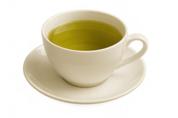 Green tea in a white porcelain cup with a matching saucer, hot herbal beverage preparing for a relaxing break, transparent background