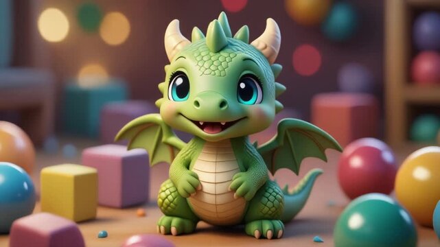 Adorable Chibi Baby Dragon in Playroom with Colorful Toys