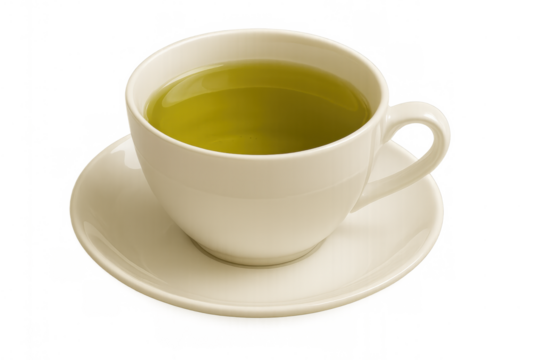 Green tea in a white porcelain cup with a matching saucer, hot herbal beverage preparing for a relaxing break, transparent background