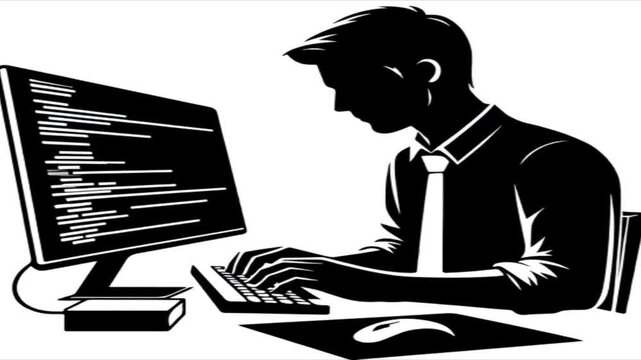 Silhouette vector illustration of a businessman or woman sitting at an office desk working on a laptop computer