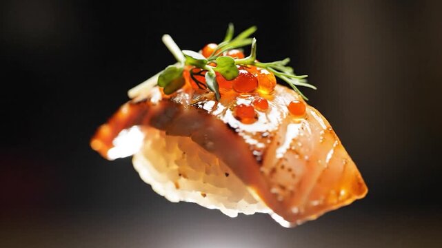 Delicious Seared Salmon Nigiri Sushi Rotating Close Up.