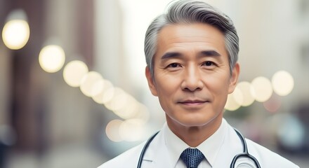Experienced Senior Asian Doctor Portrays Professionalism and Trust in an Urban Healthcare Setting, Emphasizing Dedicated Medical Care