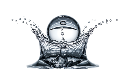 Water splash with glass ball, water drop, liquid motion