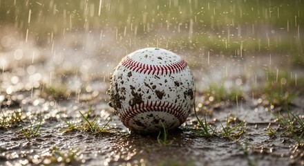 Close-up of a baseball resting on muddy ground during a rain shower, highlighting the texture and impact of the elements