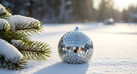 Sparkling Disco Ball in Snowy Landscape Winter Holiday and Festive Season Concept