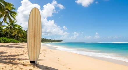 Surfboard on a Sandy Beach with Palm Trees and Turquoise Ocean Under a Blue Sky