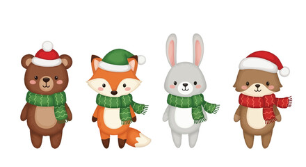 Fototapeta premium Adorable forest animals wearing festive winter hats and scarves, ready for the holidays.