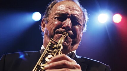 Passionate Saxophonist Performing Under Stage Lights A Captivating Musical Performance.