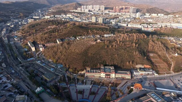 Aerial shot of Kumbum Monastery in Xining, Qinghai, a Tibetan Buddhist monastery