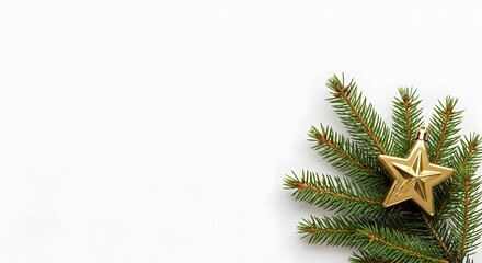 Golden star ornament nestled on evergreen boughs against a pristine white background creates peace.