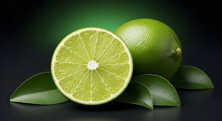 Fresh vibrant green citrus lime, sliced open to reveal juicy pulp, resting with fresh leaves on a dark, elegant background
