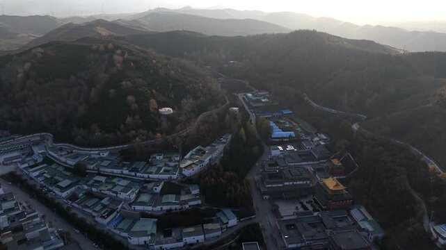 Aerial shot of Kumbum Monastery in Xining, Qinghai, a Tibetan Buddhist monastery