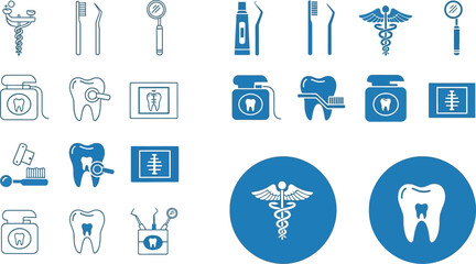 Collection of dental care icons and symbols representing oral hygiene and health.