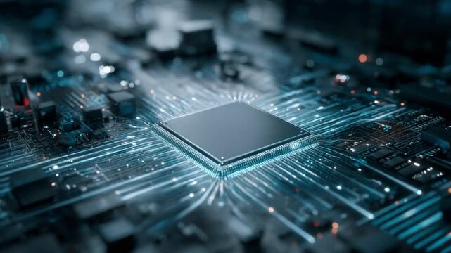 Technological Marvel: A close-up view of a high-tech circuit board illuminates intricate pathways, hinting at the powerful technology it holds. 
