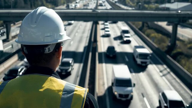 Highway engineer observing busy multi-lane traffic flow from an overpass during daytime to monitor transportation safety and road activity