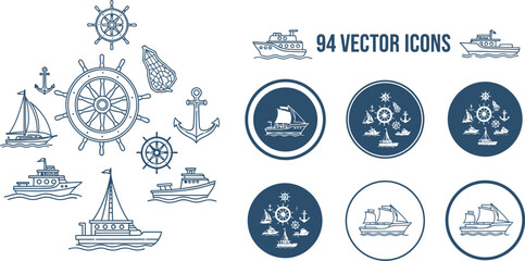 Obraz premium Nautical icons and vector elements featuring ships, anchors, and steering wheels for maritime themes.
